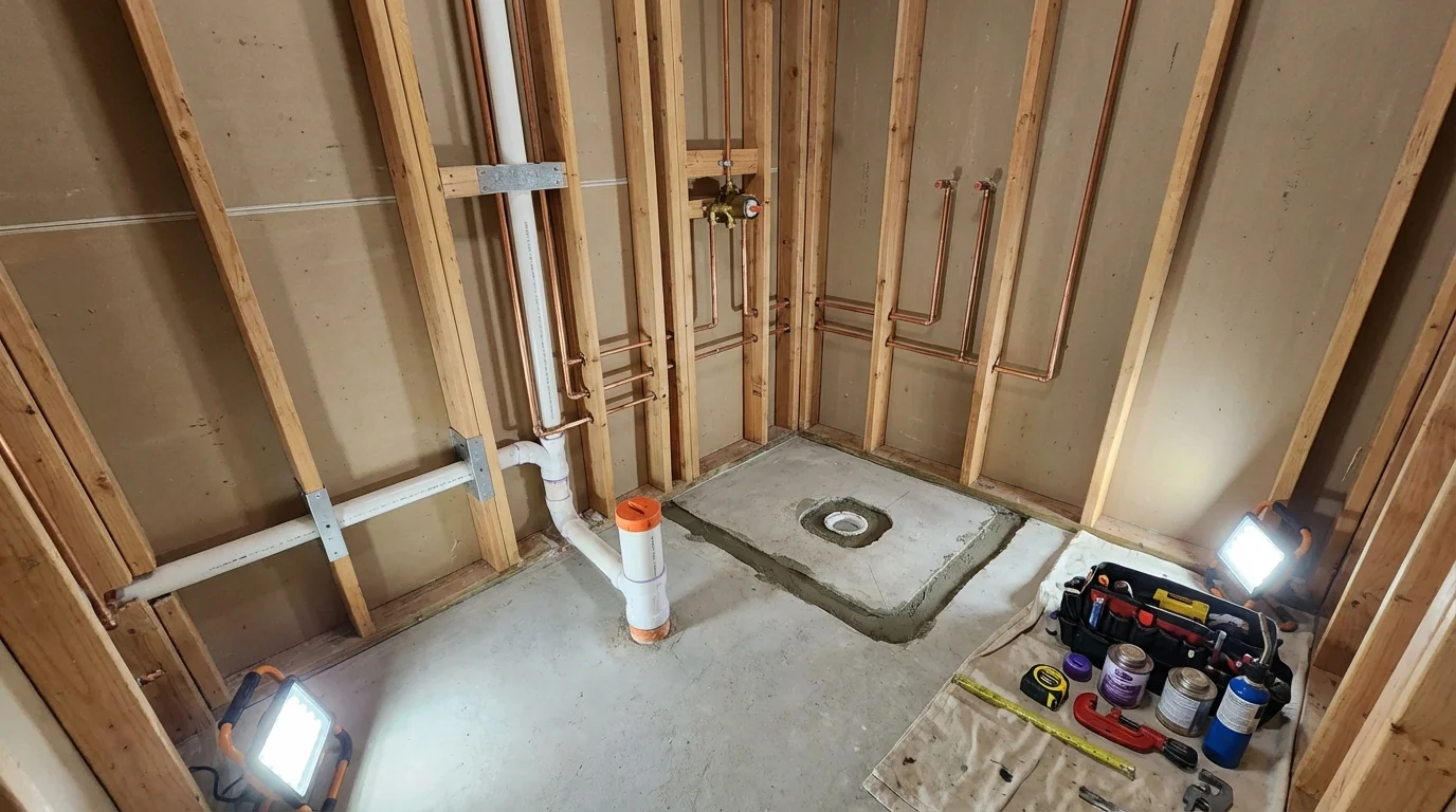 Bathroom rough-in plumbing during remodel by Johns Plumbing LLC in Tarpon Springs