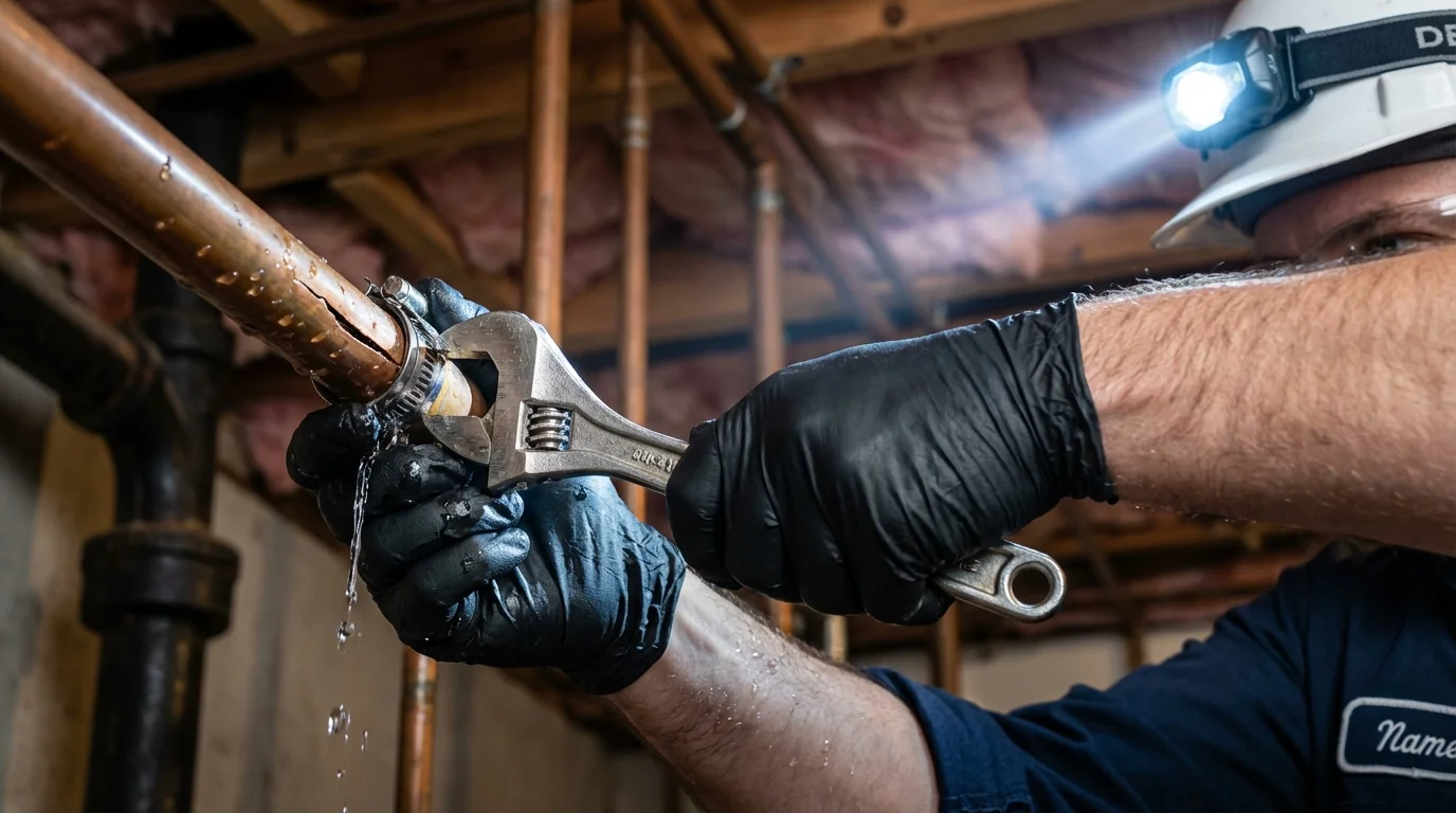 Emergency pipe clamp repair being performed by a Johns Plumbing LLC plumber in Tarpon Springs