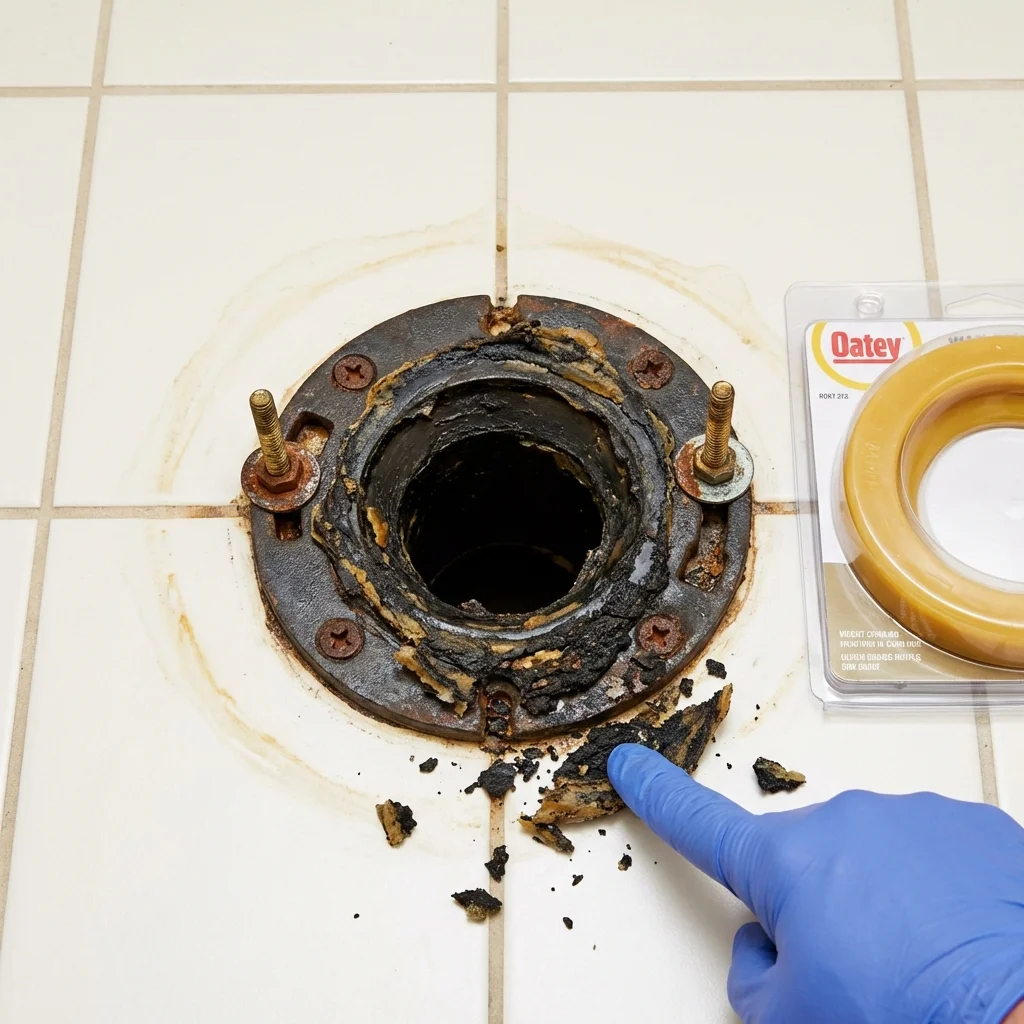 Failed wax ring showing water seepage at the base of a toilet in a Tarpon Springs, FL home