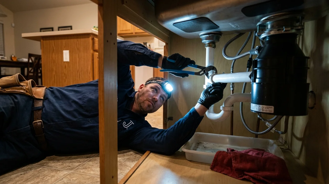 P-trap and supply line connections under a kitchen sink showing a common leak point in Tarpon Springs, FL